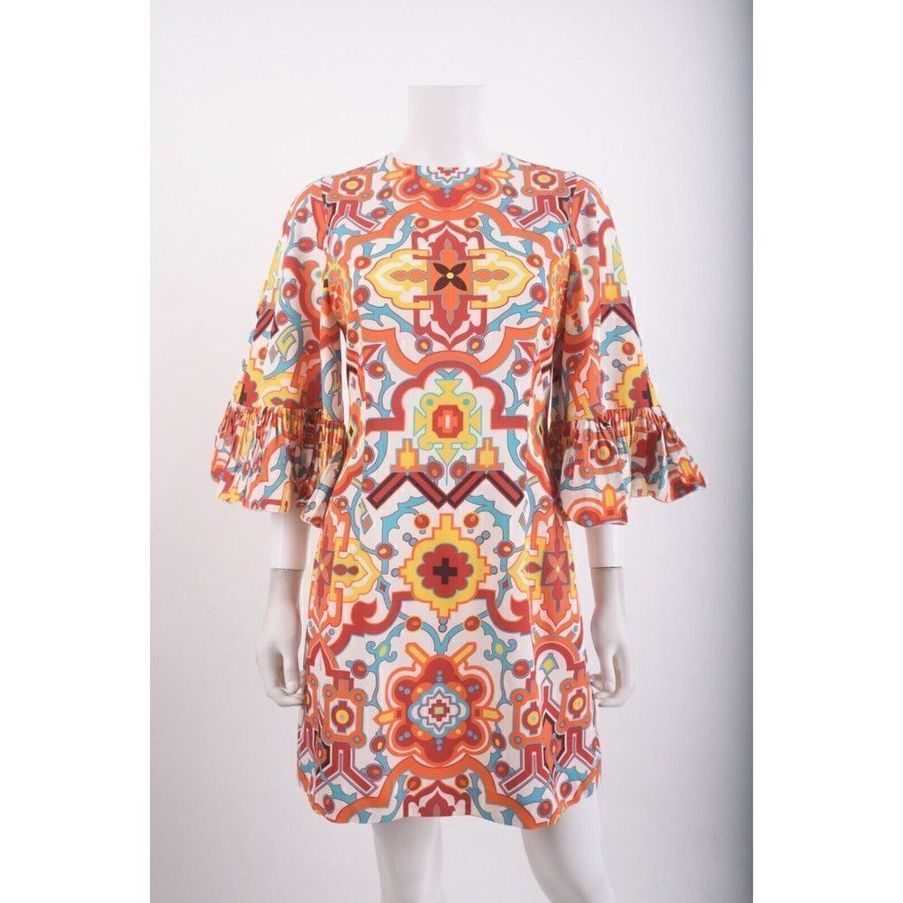 Andrew GN Womens Silk Dress Paisley Frill sz 36 US 4 Multi-Color 3/4 Sleeve NWT